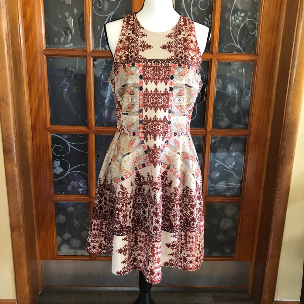 Brown, tan, Mexican print dress